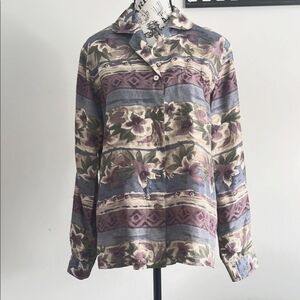 Vintage 90s 100% Silk Blue, Plum & Olive Muted soft Tones Blouse Medium